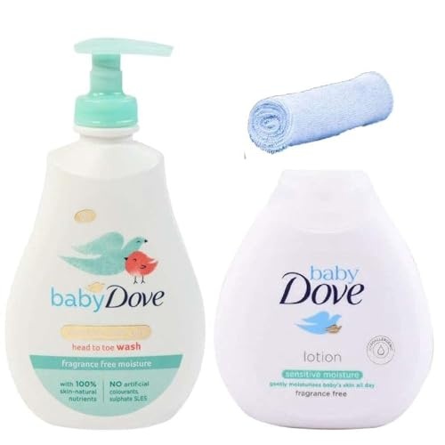 Dove Baby Bath Set Sensitive 400ml Head To Toe Wash Lotion + Baby Wash Cloth - Image 1