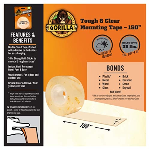 Gorilla Tough & Clear Double Sided Adhesive Mounting Tape, Extra Large, 1" x 150", Clear, (Pack of 1) - Image 5