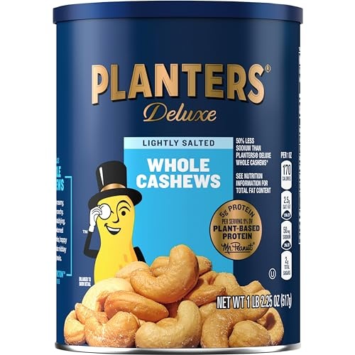 PLANTERS Deluxe Lightly Salted Whole Cashews, Party Snacks, Plant-Based Protein, Quick Snack for Adults, After School Snack, Roasted Cashew, Flavored with Sea Salt, Kosher, 1lb 2.25oz Canister - Image 1