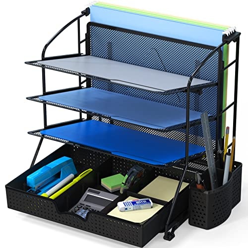 SimpleHouseware Desktop Document Tray Organizer with Sliding Drawer/Caddy/Hanging File Section, Black - Image 1