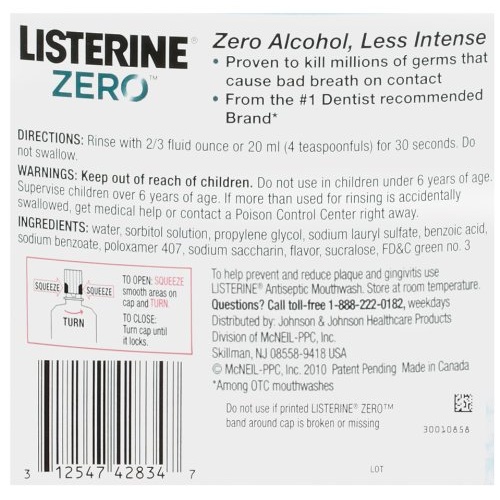 Listerine Zero Alcohol Mouthwash, Alcohol-Free Oral Rinse to Kill 99% of Germs That Cause Bad Breath for Fresh Breath & Clean Mouth, Less Intense Taste, Cool Mint Flavor, 1 L - Image 14
