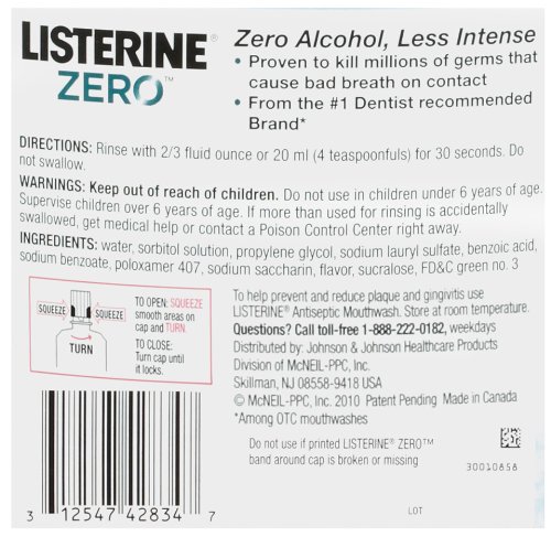 Listerine Zero Alcohol Mouthwash, Alcohol-Free Oral Rinse to Kill 99% of Germs That Cause Bad Breath for Fresh Breath & Clean Mouth, Less Intense Taste, Cool Mint Flavor, 1 L - Image 14