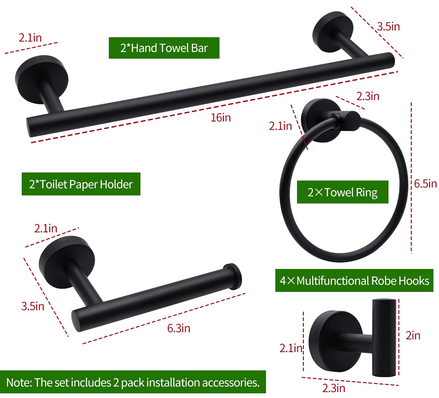 5/10/20pcs Bathroom Hardware Set, Matte Black/Brushed Nickel/Brushed Gold Bathroom Hardware Set, Including 16" Hand Towel Bars, Toilet Paper Holders, Towel Rings, Robe Towel Hooks (10pcs, Black) - Image 3
