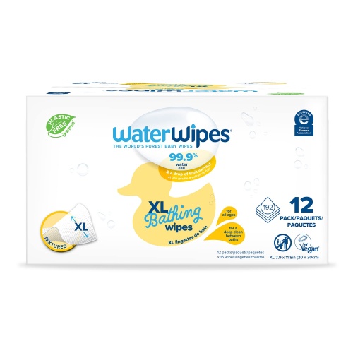 WaterWipes Plastic-Free XL Bathing Wipes for Toddlers & Babies, 99.9% Water Based Wipes, Unscented & Hypoallergenic for Sensitive Skin, 192 Count (12 pack), Packaging May Vary - Image 1