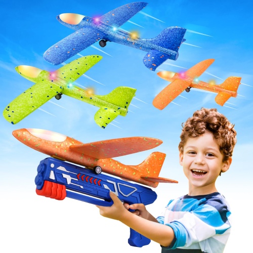 Fuwidvia 3 Pack Airplane Launcher Toys, 13.2'' LED Foam Glider Catapult Plane Toy for Boys, 2 Flight Modes Outdoor Flying Toys Birthday Gifts for Boys Girls 4 5 6 7 8 9 10 11 12 Year Old - Image 1