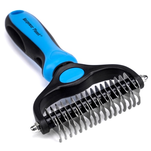 Maxpower Planet Pet Grooming Brush - Double Sided Shedding, Dematting Undercoat Rake for Dogs, Cats - Extra Wide Dog Grooming Brush, Dog Brush for Shedding, Cat Brush, Reduce Shedding by 95%, Blue - Image 1