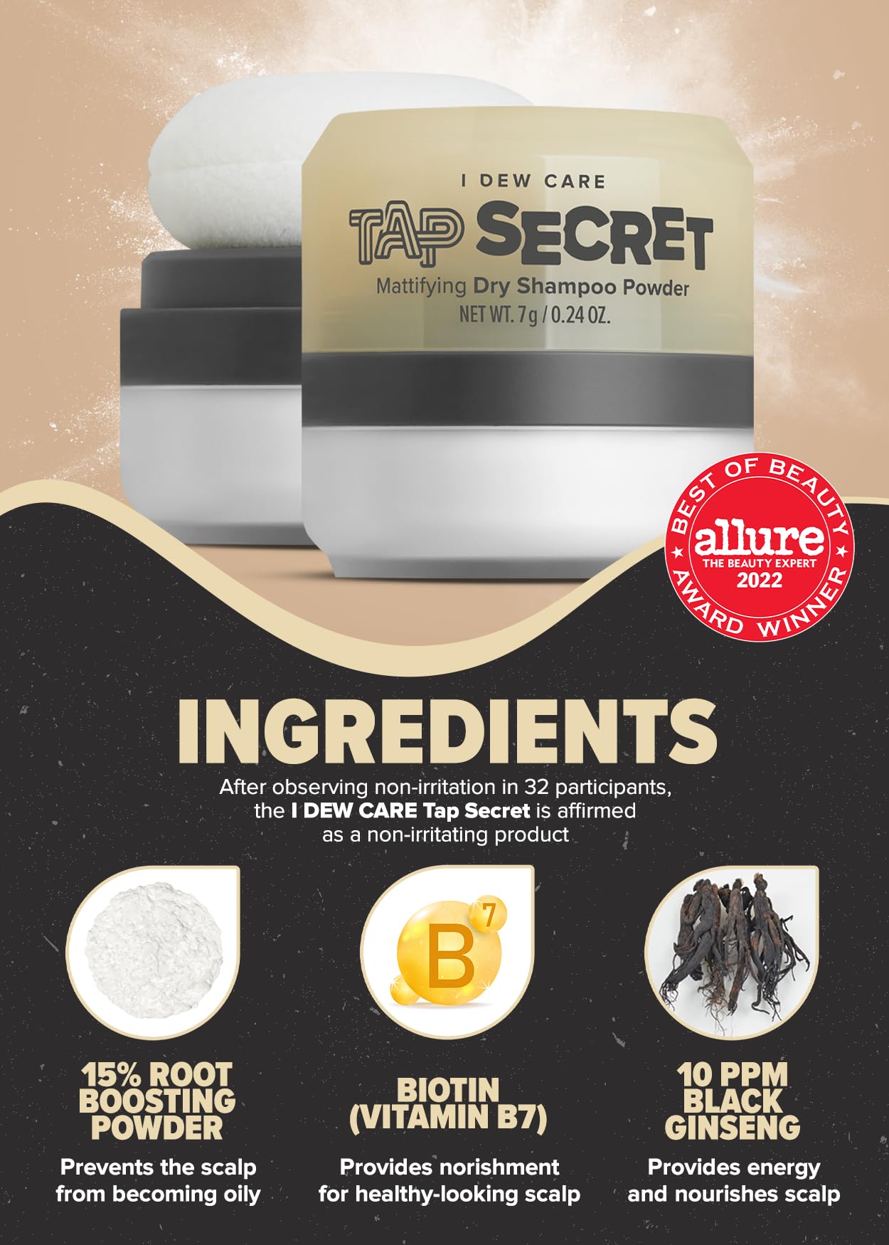 I DEW CARE Dry Shampoo Powder - Tap Secret | With Black Ginseng, Non-aerosol, Benzene-free, Mattifying Root Boost, No White Cast, Travel Size Dry Shampoo for Woman - Image 3
