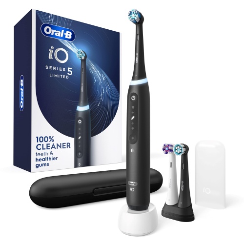 Oral-B iO Series 5 Limited Rechargeable Electric Powered Toothbrush, Black with 3 Brush Heads and Travel Case - Visible Pressure Sensor to Protect Gums - 5 Cleaning Modes - 2 Minute Timer - Image 1