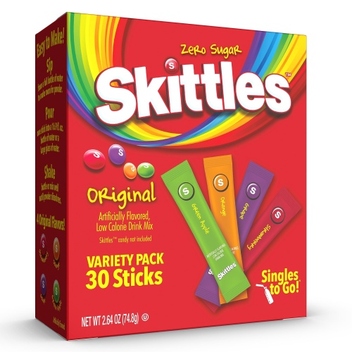 Skittles Singles To Go Variety Pack, Powdered Drink Mix, Zero Sugar, Low Calorie, Includes 4 Flavors: Green Apple, Strawberry, Grape, Orange, 1 Box (30 Single Servings) - Image 1