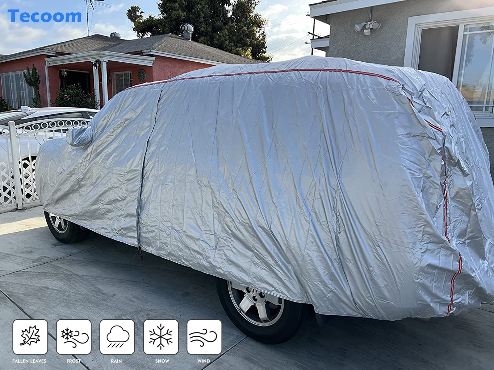Tecoom Hard Shell Zipper Design Waterproof UV-Proof Windproof Car Cover for All Weather Indoor Outdoor Fit 206-215 Inches Full-Size SUV/Van - Image 6