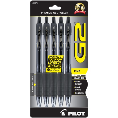 Pilot, G2 Premium Gel Roller Pens, Fine Point 0.7 mm, Black, Pack of 5 - Image 1