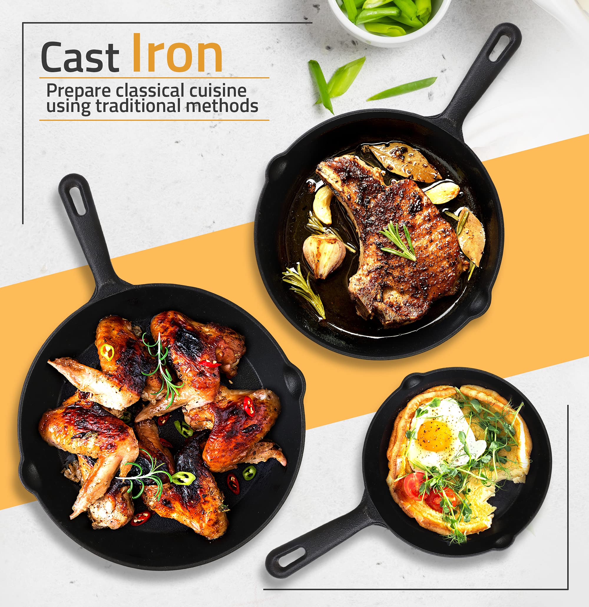 Utopia Kitchen Pre Seasoned Cast Iron Skillet 3 Piece, Cast Iron Grill Pan, Frying Pans, Saute Fry Pan, Cast Iron Set (Black) - Image 5